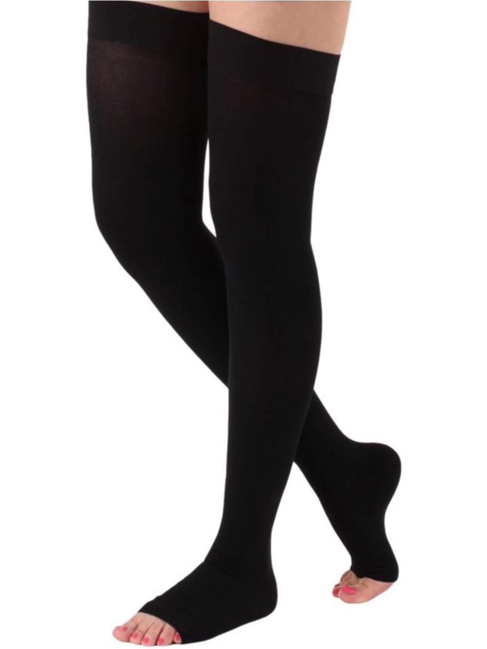 New thigh high compression stockings with open toe design